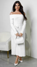 Zoya Off Shoulder Ribbed Midi Dress in Ivory back view on model