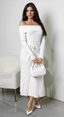 Zoya Off Shoulder Ribbed Midi Dress in Ivory close-up of ribbed knit texture