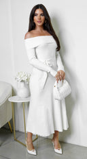Zoya Off Shoulder Ribbed Midi Dress in Ivory styled outfit flat lay