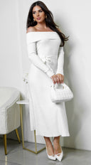 Zoya Off Shoulder Ribbed Midi Dress in Ivory full length front view on model