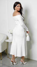 Zoya Off Shoulder Ribbed Midi Dress in Ivory side profile view on model