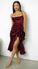 Sorrente Satin Twist Front Midi Dress - Burgundy