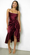 Sorrente Satin Twist Front Midi Dress - Burgundy