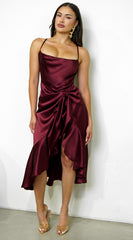 Sorrente Satin Twist Front Midi Dress - Burgundy