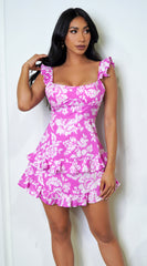 Theo Floral Print Ruffle Mini Dress - Pink
