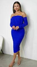 Annora Mesh Long Sleeve Ruched Midi Dress - Blue