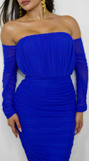 Annora Mesh Long Sleeve Ruched Midi Dress - Blue