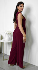 Shera Mock Neck Sleeveless Wide Leg Jumpsuit - Burgundy