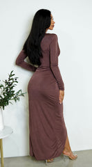 Xena Brown Wrap Long Sleeve Maxi Dress