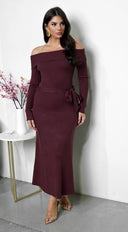 Zoya Off Shoulder Ribbed Midi Dress - Brown