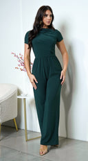 Ruba Cowl Tunic Neck Short Sleeve Wide Leg Jumpsuit - Green