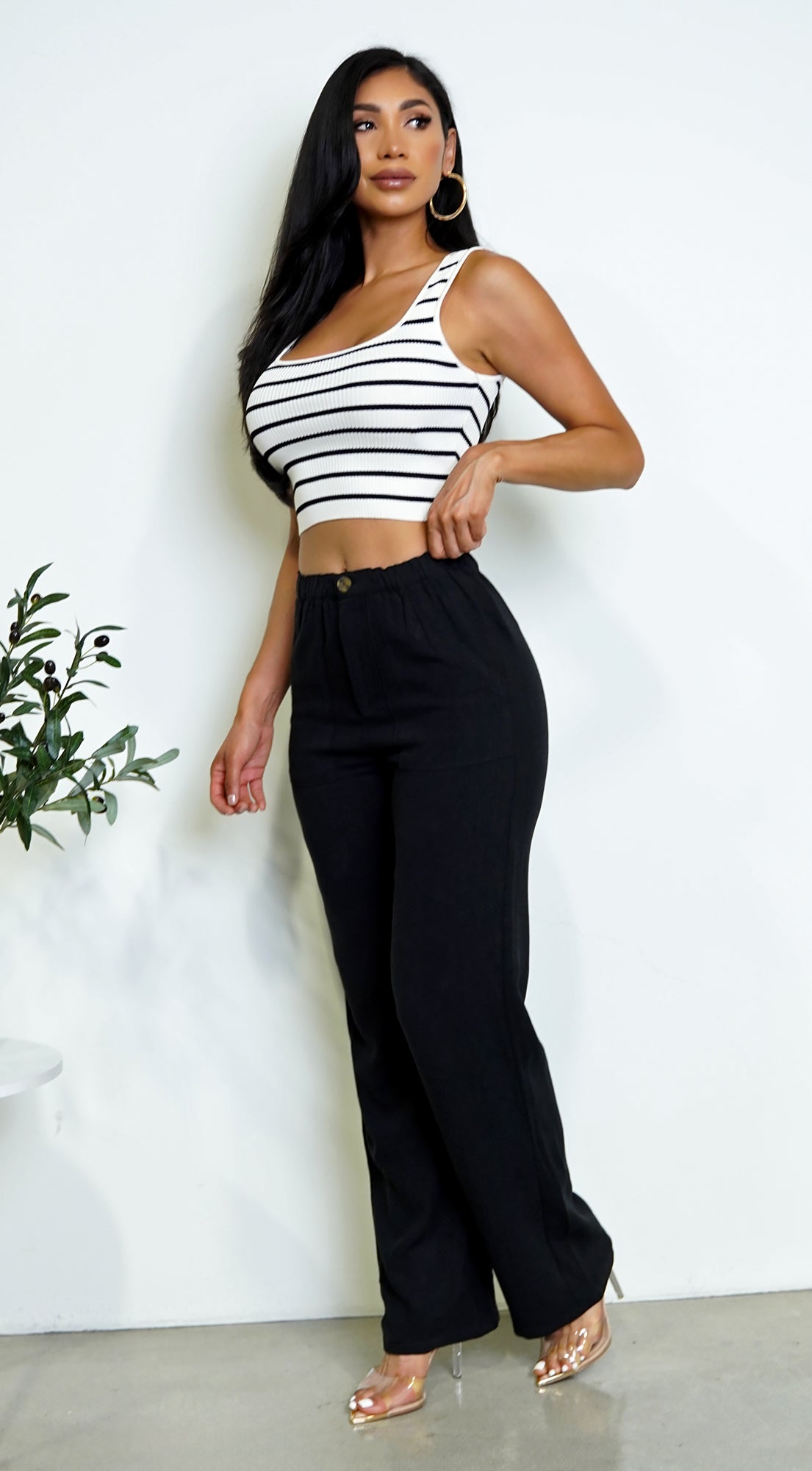 Estelle Striped Ribbed Crop Tank Top - White