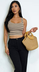 Estelle Striped Ribbed Crop Tank Top - Beige