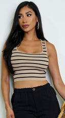 Estelle Striped Ribbed Crop Tank Top - Beige