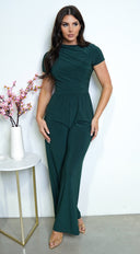 Ruba Cowl Tunic Neck Short Sleeve Wide Leg Jumpsuit - Green