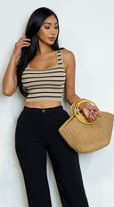 Estelle Striped Ribbed Crop Tank Top - Beige