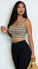 Estelle Striped Ribbed Crop Tank Top - Beige