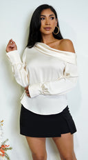 Taylor One Shoulder Satin Top in Cream side profile view on model