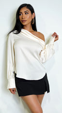 Taylor One Shoulder Satin Top in Cream back view on model