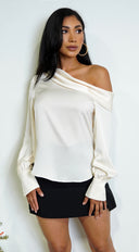 Taylor One Shoulder Satin Top in Cream styled outfit flat lay