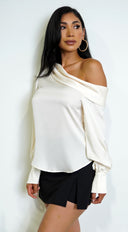 Taylor One Shoulder Satin Top in Cream hemline and silhouette detail