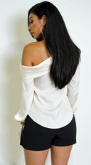 Taylor One Shoulder Satin Top in Cream close-up of neckline and shoulder detail