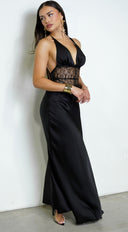 Ravena Lace Satin Detail Halter Maxi Dress - Black