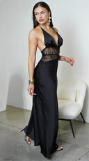 Ravena Lace Satin Detail Halter Maxi Dress - Black