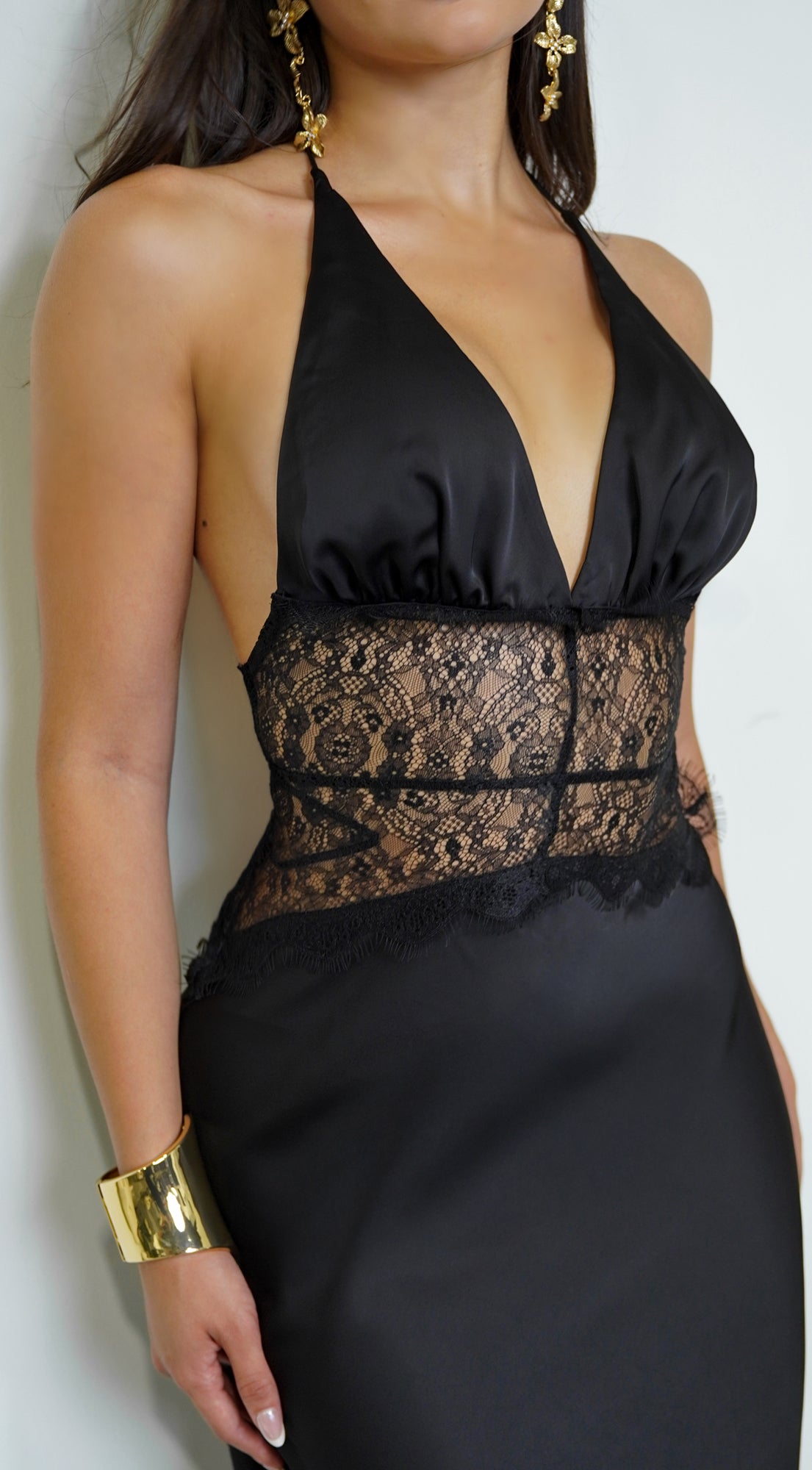 Ravena Lace Detail Halter Maxi Dress - Black