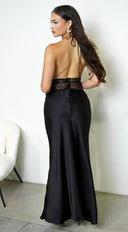 Ravena Lace Satin Detail Halter Maxi Dress - Black