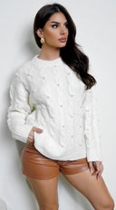 Leli Pearl Cable Detail Sweater Top in Cream back view on model