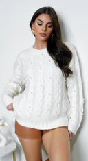 Leli Pearl Cable Detail Sweater Top in Cream full length front view on model