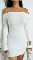 h&m white off the shoulder ruched long sleeve mini dress Women's White Draped Off-the-shoulder Dress