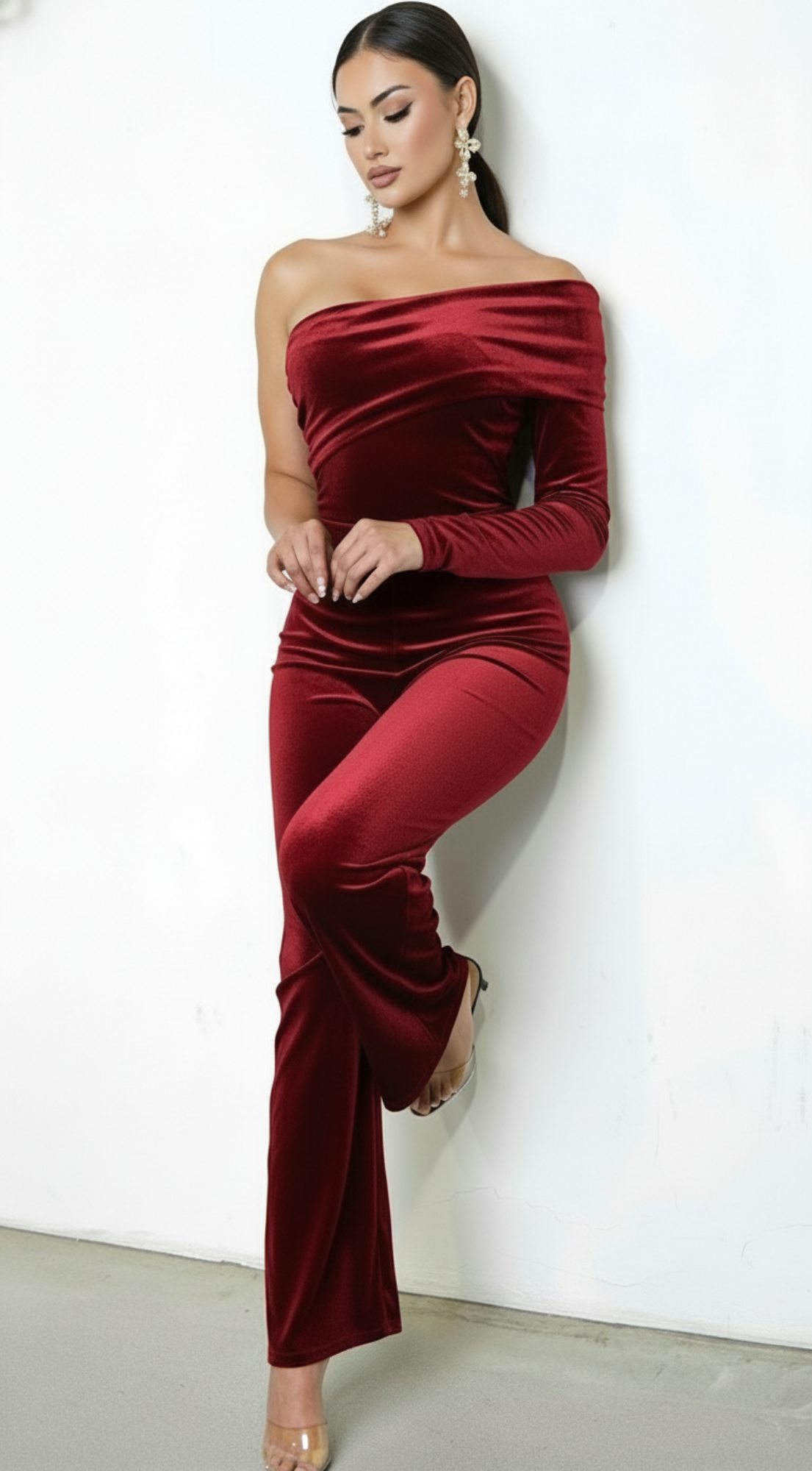 Nightfall One Shoulder Velvet Jumpsuit - Burgundy