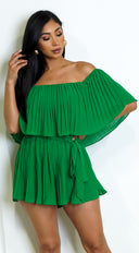 Jazmin Off Shoulder Pleated Romper - Green