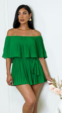 Jazmin Off Shoulder Pleated Romper - Green