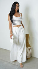 Calia Linen Wide Pants in White close-up of fabric and construction