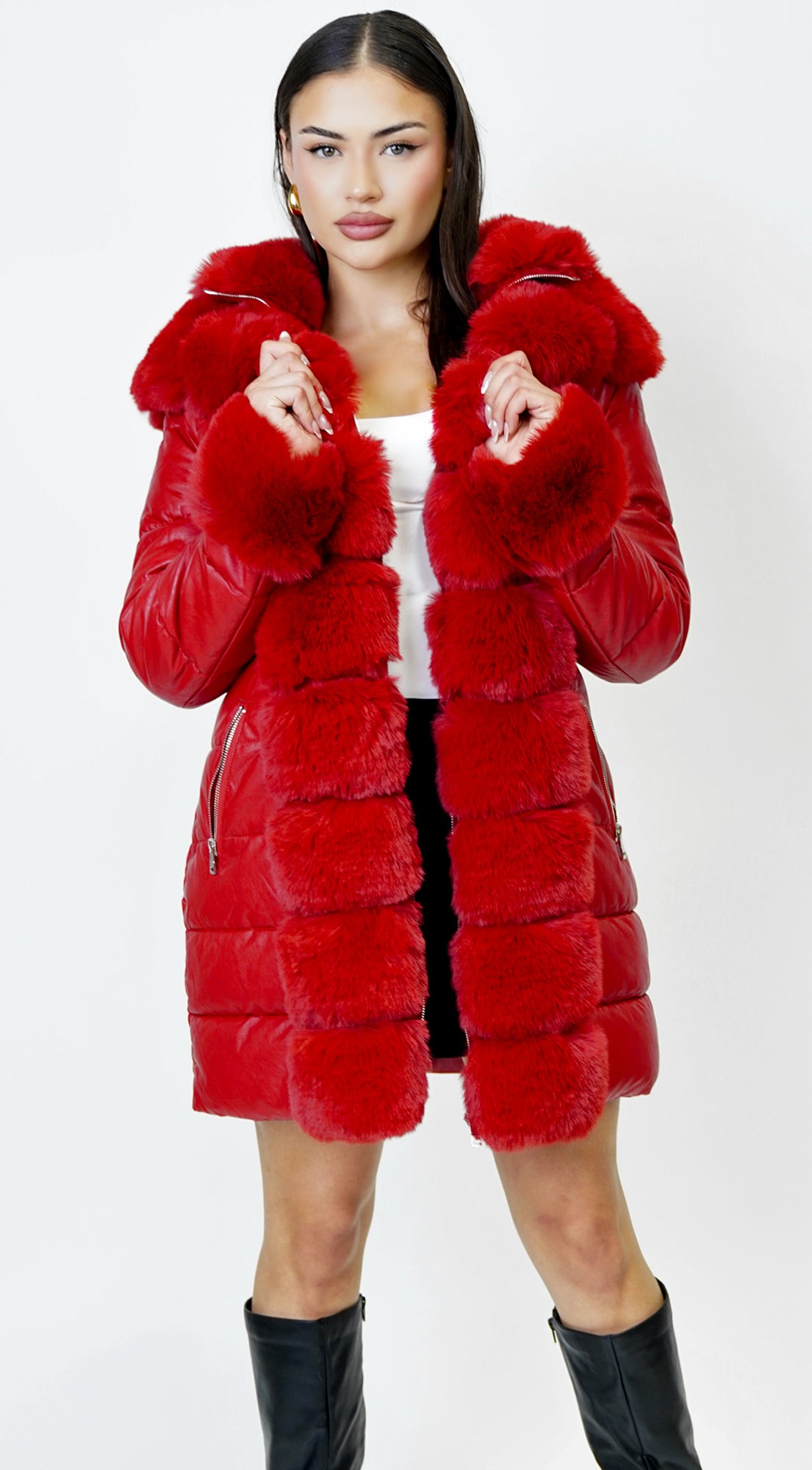 Glacier PU Puffer Fur Jacket - Red