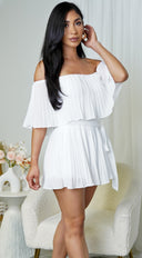 Jazmin Off Shoulder Pleated Romper in White close-up of off-shoulder neckline