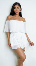Jazmin Off Shoulder Pleated Romper in White styled outfit flat lay