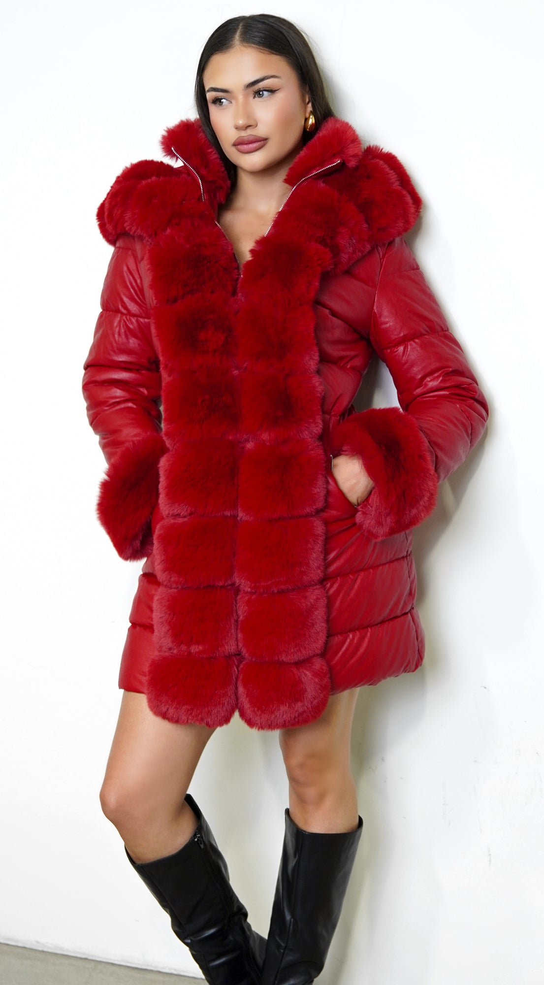 Glacier PU Puffer Fur Jacket - Red