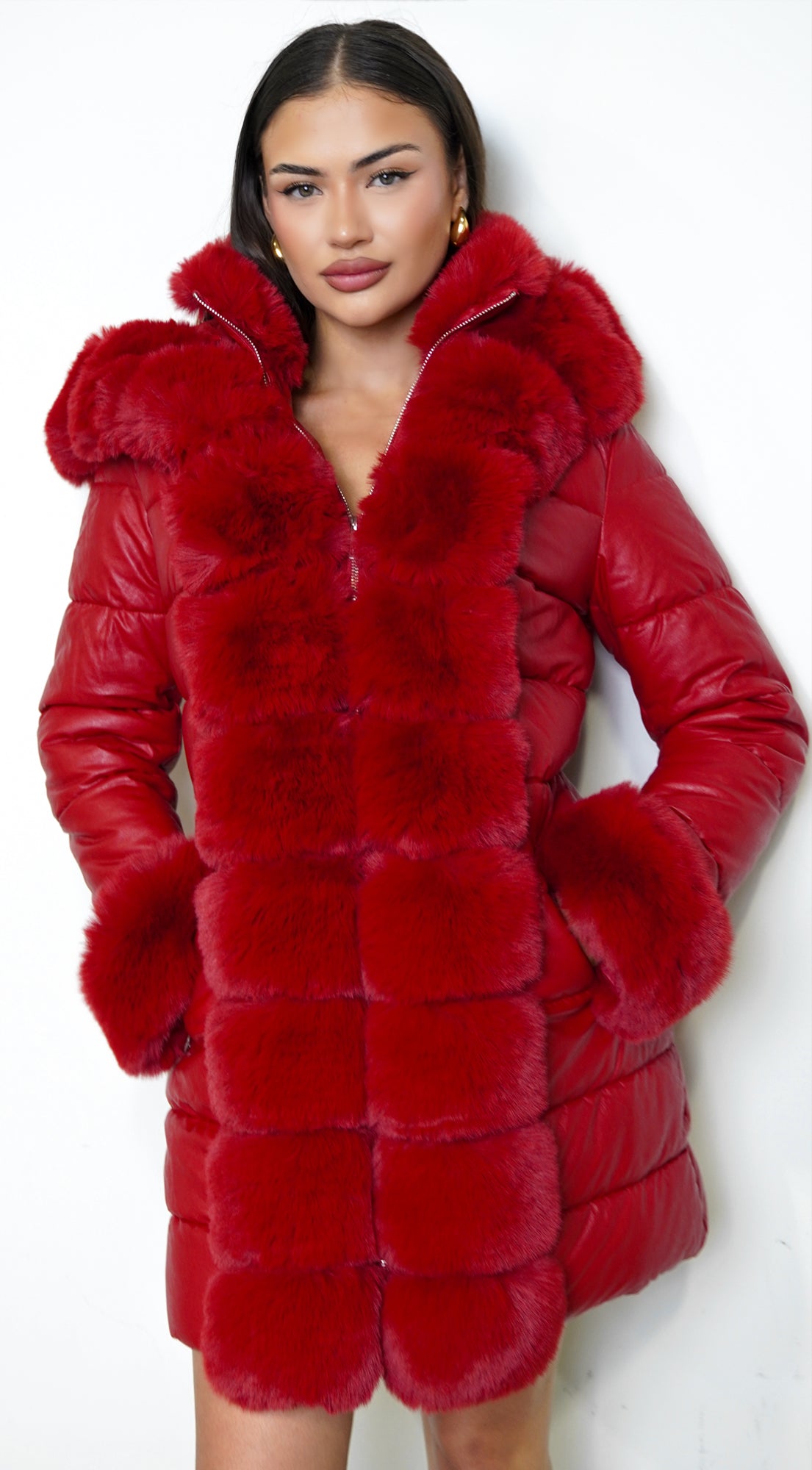 Glacier PU Puffer Fur Jacket - Red