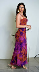 Kaelie Multicolor Chiffon Print Maxi Dress in Purple close-up of chiffon fabric