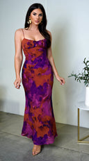 Kaelie Multicolor Chiffon Print Maxi Dress in Purple side profile view on model