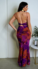 Kaelie Multicolor Chiffon Print Maxi Dress in Purple hemline and silhouette detail