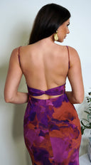 Kaelie Multicolor Chiffon Print Maxi Dress in Purple styled outfit flat lay