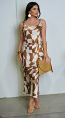 Addison Geo Print Satin Skirt Set - Brown