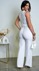 Amiliana Lace Top Jumpsuit in White styled outfit flat lay