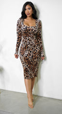 Rhea Square Neck Leopard Print Midi Dress in Brown styled outfit flat lay