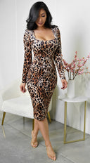 Rhea Square Neck Leopard Print Midi Dress in Brown close-up of animal print
